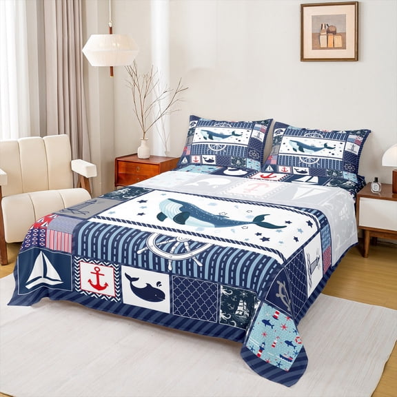 Feelyou Cute Blue Whale Twin Sheet Sets for Kids, Kawaii Ocean Wildlife Twin Fitted Sheet, Nautical Rudder Flat Sheet, Lightweight Room Decor, 3 Pieces