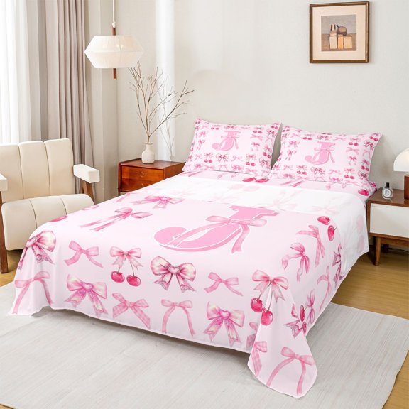 Feelyou Cute Bow Letter J Queen Sheet Sets for Kids, Bowknot Cherry Bed Set, Pink, 4 Pieces