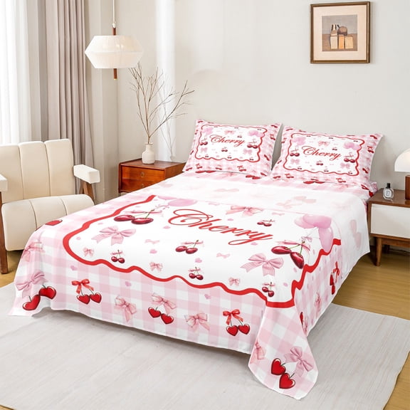 Feelyou Cute Bow-tie Cherry Twin Sheet Sets for Kids, Kawaii Pink Balloon Twin Fitted Sheet, Princess Bow Theme Flat Sheet, Super Cozy Room Decor, 3pcs