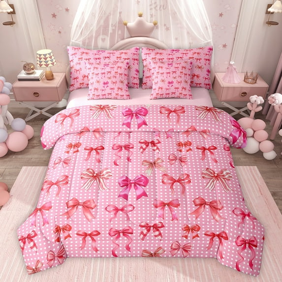 Feelyou Cute Bow-tie Pink Bedding Comforter Set 7pcs for Kid, Kawaii Cartoon Ribbon King Bedding Sets, Fashion Polkadots Reversible Bed Sheets, Super Cozy Room Decor