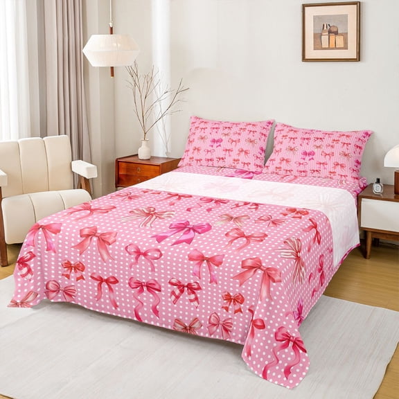 Feelyou Cute Bow-tie Pink Queen Sheet Sets for Kid, Kawaii Cartoon Ribbon Flat Sheet, Fashion Polkadots Queen Fitted Sheet, Super Cozy Room Decor, 4-Piece