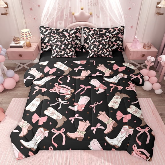 Feelyou Cute Bowknot Boot Twin Bedding Sets 7-Piece for Girl, Western Cowgirl Princess Bedding Comforter Set, Fairy Tale Style Reversible Sheet Sets, Microfiber Bedroom Decor