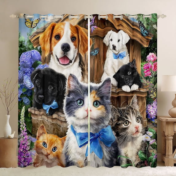 Feelyou Cute Bowknot Cat Black Out Curtains, Animal Curtains Pack of 2 (42x63 Each)