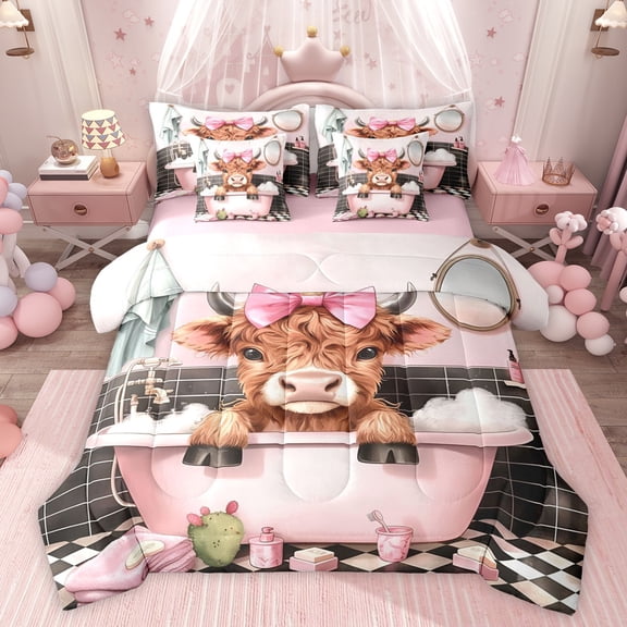 Feelyou Cute Bowknot Cow Bedding Comforter Set 7 Pieces for Teens, Kawaii Highland Cattle Full Bedding Set, Cartoon Animal Reversible Fitted Sheet Flat Sheet, Microfiber Bedroom Decor