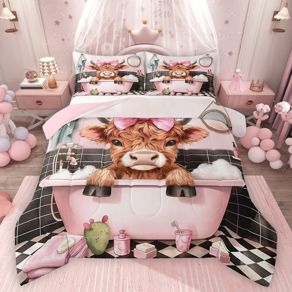 Feelyou Cute Bowknot Cow Full Size Comforter Sets for Teens, Kawaii Highland Cattle Bedding Comforter Set, Cartoon Animal Reversible Bedding Sets, Microfiber Bedroom Decor, 3 Pieces
