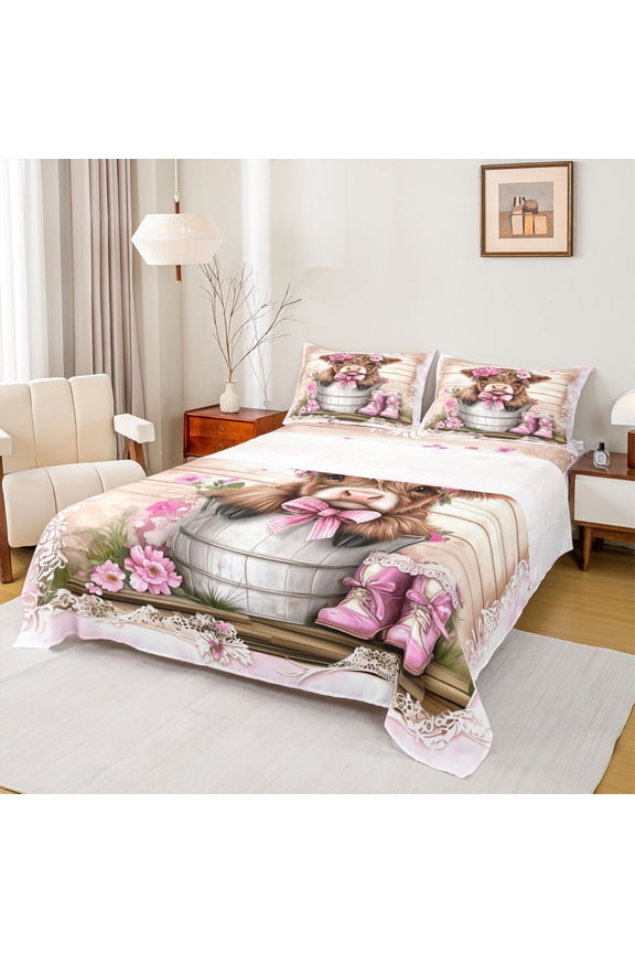 Cute Bowknot Cow Queen Sheet Sets for Kids, Western Cowgirl Boot Flat Sheet, Hippie Damask Floral Queen Fitted Sheet, Ultra Soft Bedroom Decor, 4pcs