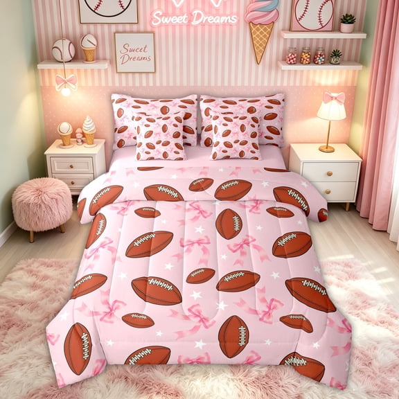 Feelyou Cute Bowknot Football Queen Bedding for Girls, Cartoon Ribbon Star Print Bedding Comforter Set Queen, Pink Reversible, 7pcs