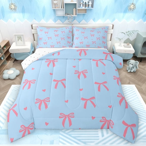 Feelyou Cute Bowknot Kids Bedding Comforter Set, Kawaii Cartoon Bow-tie Twin Comforter Sets, Blue Pink Love Heart Reversible Bedding Set, Super Cozy Room Decor, 2 Pieces