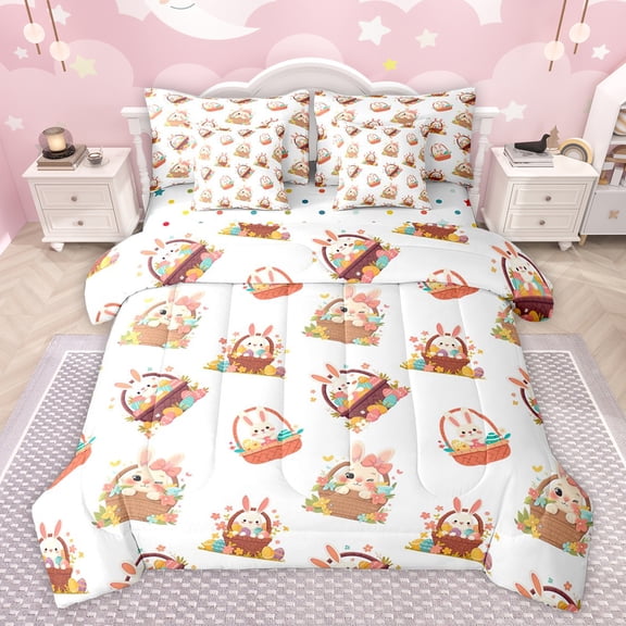 Feelyou Cute Bowknot Rabbit Bedding Comforter Set 7pcs for Girl, Kawaii Easter Bunny King Bedding Sets, Spring Flower Reversible Bed Sheets, Breathable Home Decor