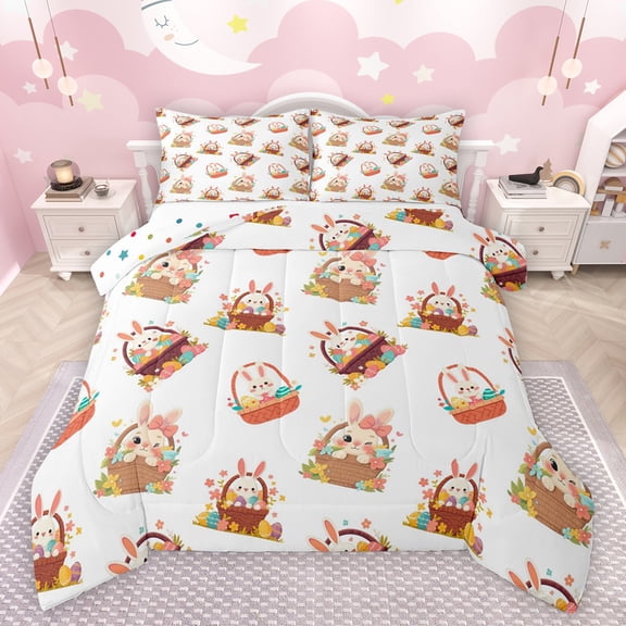 Feelyou Cute Bowknot Rabbit Bedding Comforter Set for Girl, Kawaii Easter Bunny Twin Comforter Sets, Spring Flower Reversible Bedding Set, Breathable Home Decor, 2-Piece