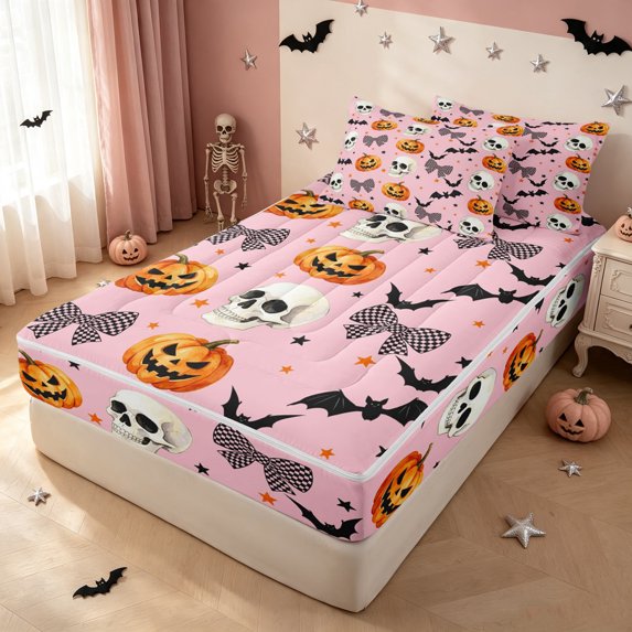 Feelyou Cute Bowknot Skeleton Zipper Twin Comforter Sets with Fitted Sheet and 2 Pillowcases, Halloween Pumpkin Bat Zipper Bedding Set, Pink Reversible, 4pcs