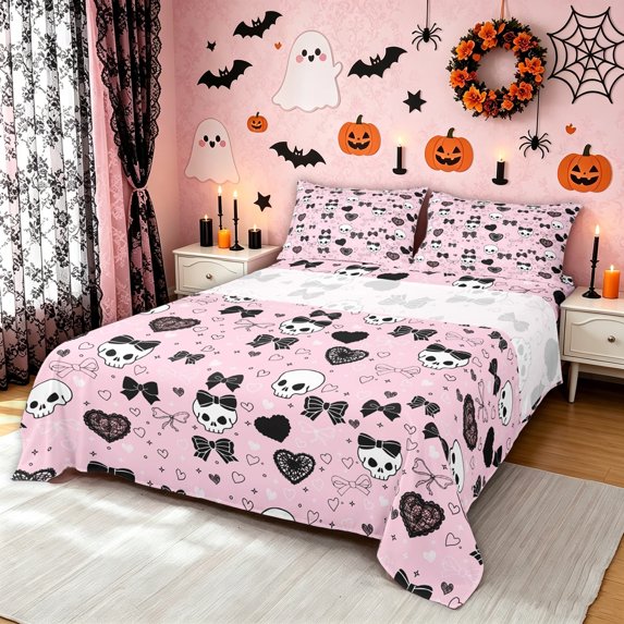 Feelyou Cute Bowknot Skull King Sheets, Pink Sugar Gothic Halloween Bedding, 4pcs, 1 Flat Sheet, 1 Fitted Sheet and 2 Pillowcases