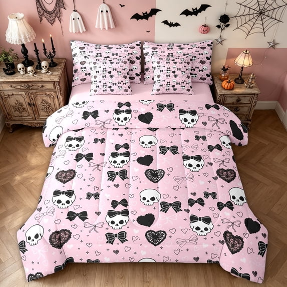Feelyou Cute Bowknot Skull Twin Bedding, Pink Sugar Gothic Halloween Bedding Comforter Set, Pink Reversible, 7pcs