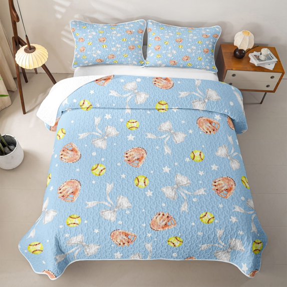 Feelyou Cute Bowknot Softball Twin Quilt Set for Girls, Blue Cartoon Stars Print Twin Coverlet Set, 2pcs