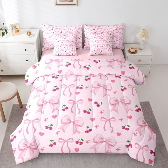 Feelyou Cute Bowknot Twin Bedding Sets 7pcs, Cartoon Bedding Comforter Set