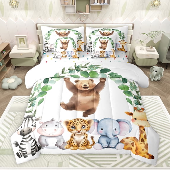 Feelyou Cute Brown Bear Bedding Comforter Set 7 Pieces for Child, Kawaii Hippo Elephant Full Bedding Set, Jungle Animal Party Reversible Fitted Sheet Flat Sheet, Super Cozy Room Decor
