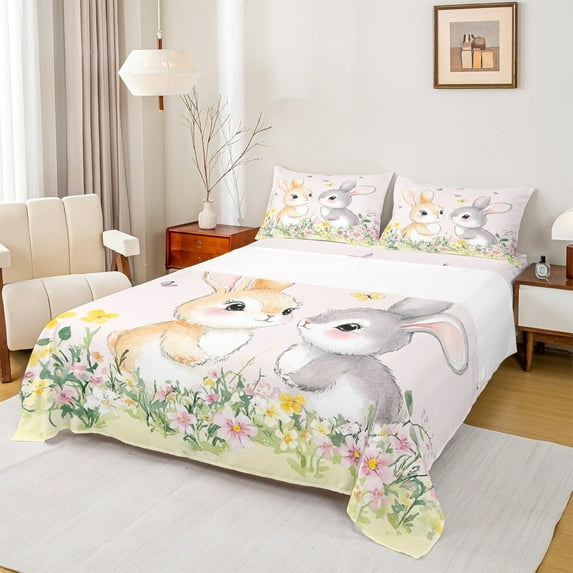 Feelyou Cute Bunnies Teens Queen Sheet Sets, Cartoon Rabbit Butterfly Flat Sheet, Watercolor Flower Floral Queen Fitted Sheet, Super Cozy Room Decor, 4 Pieces