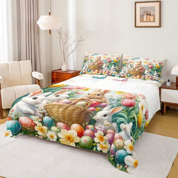 Feelyou Cute Bunny Rabbit Twin Sheet Sets for Child, Cartoon Easter Egg Twin Fitted Sheet, Spring Flower Floral Flat Sheet, Luxury Bedroom Decor, 3pcs