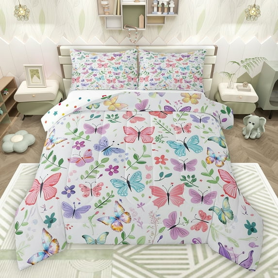 Feelyou Cute Butterfly Full Size Comforter Sets for Teen, Leaf Botanical Plant Bedding Comforter Set, Kawaii Cartoon Animal Reversible Bedding Sets, Lightweight Room Decor, 3pcs