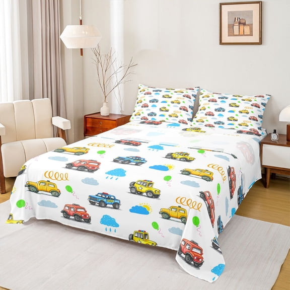 Feelyou Cute Car Bus Kid Twin Sheet Sets, Cartoon Excavator Bedding, 3-Piece