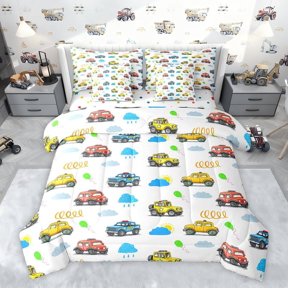 Feelyou Cute Car Bus Twin Bedding Sets 7-Piece, Cartoon Excavator Bedding Comforter Set