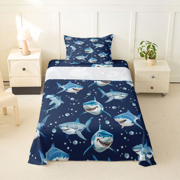Feelyou Cute Cartoon Blue White Shark Twin Sheet Sets for Boys Girls Kids, Ocean Marine Animal Bedding, Navy, 3pcs