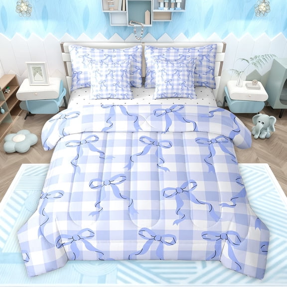 Feelyou Cute Cartoon Bowknot Bedding Comforter Set 7 Pieces for Child, Chic Blue Buffalo Plaid Full Bedding Set, Fashion Ribbon Reversible Fitted Sheet Flat Sheet, Luxury Bedroom Decor