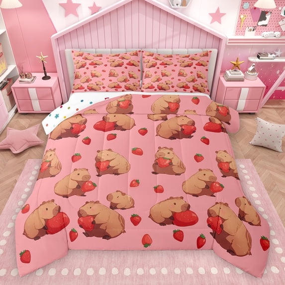Feelyou Cute Cartoon Capibara Queen Comforter Set, Kawaii Red Strawberry Bedding Sets, Teens Kids Boys Girls Reversible Bedding Comforter Set, Microfiber Bedroom Decor, 3-Piece