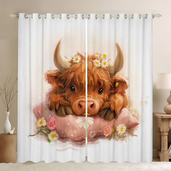 Feelyou Cute Cartoon Cow Blackout Curtains Set of 2 (52x84 Each) for Teen, Kawaii Daisy Flower Floral Window Curtains, Farmhouse Animal Curtains and Drapes, Living Room Curtains Decor