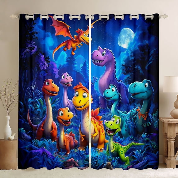 Feelyou Cute Cartoon Dino Blackout Curtains Set of 2 (52x84 Each) for Kids, Starry Moon Jungle Wildlife Window Curtains, Blue Purple