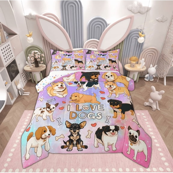 Feelyou Cute Cartoon Dog Bedding Comforter Set for Kid, Kawaii Animal Twin Comforter Sets, Mystic Astrology Galaxy Reversible Bedding Set, Microfiber Bedroom Decor, 2pcs