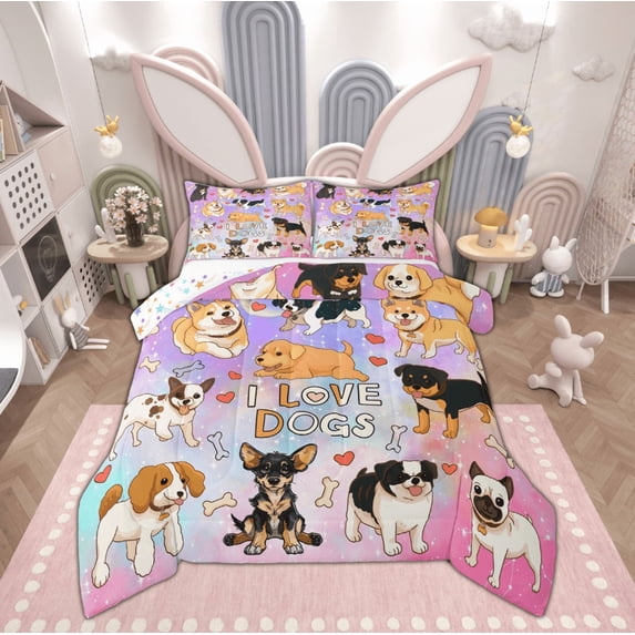 Feelyou Cute Cartoon Dog Bedding Comforter Set for Kid, Kawaii Animal Twin Comforter Sets, Mystic Astrology Galaxy Reversible Bedding Set, Microfiber Bedroom Decor, 2pcs