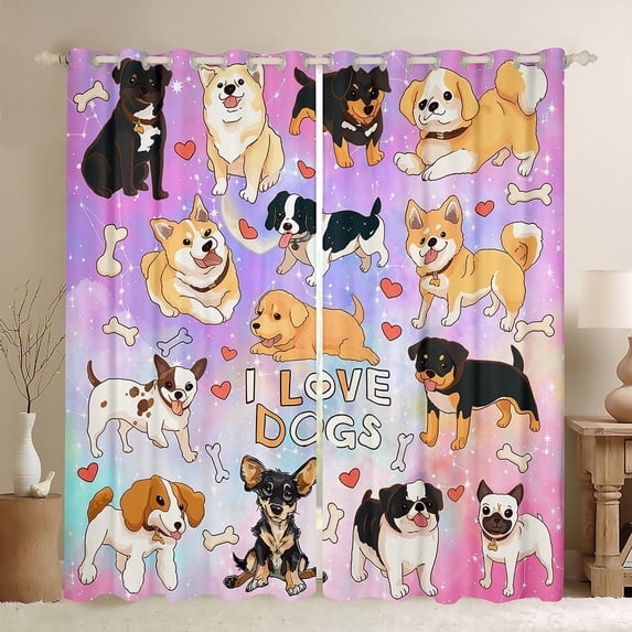 Feelyou Cute Cartoon Dog Black Out Curtains for Kid, Kawaii Animal Curtains Pack of 2 (42x63 Each), Mystic Astrology Galaxy Bedroom Curtains, Microfiber Bedroom Decor