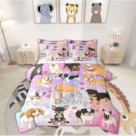 Feelyou Cute Cartoon Dog Twin Bedding Sets 7-Piece for Kid, Kawaii Animal Bedding Comforter Set, Mystic Astrology Galaxy Reversible Sheet Sets, Microfiber Bedroom Decor