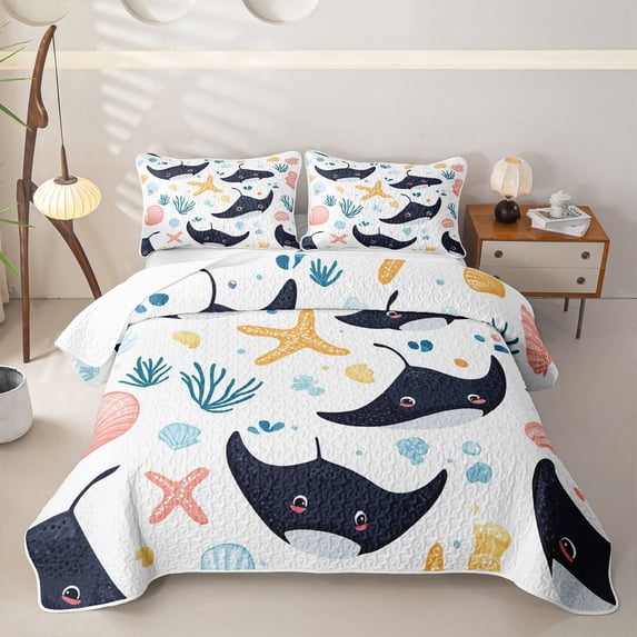 Feelyou Cute Cartoon Fish Starfish Shell Twin Quilt Set for Boys Girls, Kawaii Ocean Marine Wildlife Twin Coverlet Set, 2pcs