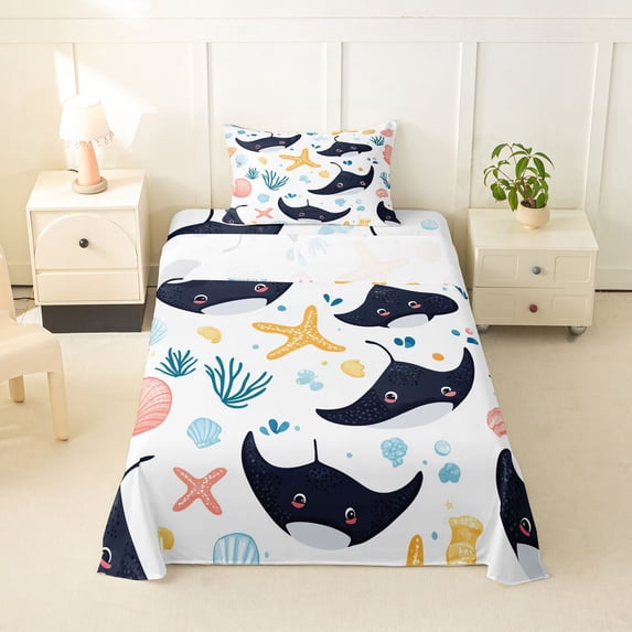 Feelyou Cute Cartoon Fish Starfish Shell Twin Sheet Sets for Boys Girls, Kawaii Ocean Marine Wildlife Bedding, 3pcs