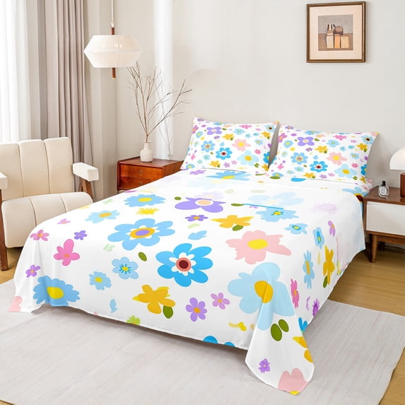 Feelyou Cute Cartoon Floral Bed Sheets, Cartoon Blue Flower King Sheets, Teens Kids Boys Girls Sheet Set, Luxury Bedroom Decor, 4-Piece