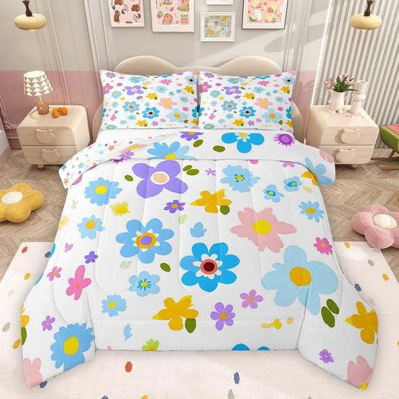 Feelyou Cute Cartoon Floral Full Size Comforter Sets, Cartoon Blue Flower Bedding Comforter Set, Teens Kids Boys Girls Reversible Bedding Sets, Luxury Bedroom Decor, 3-Piece