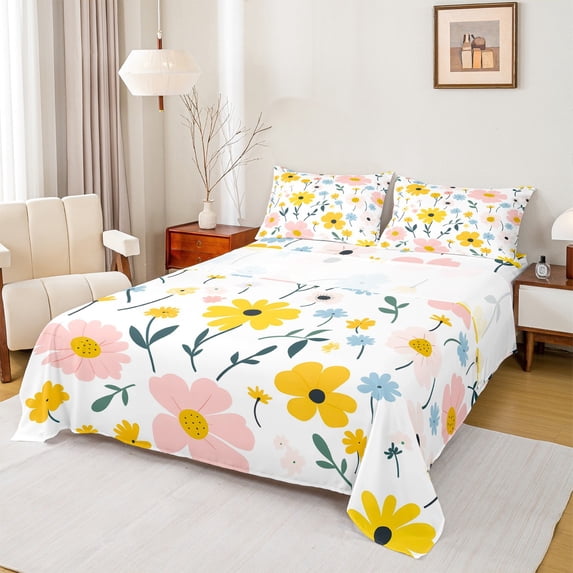 Feelyou Cute Cartoon Floral Twin Sheet Sets, Yellow Pink Flower Twin Fitted Sheet, Teens Kids Boys Girls Flat Sheet, Luxury Bedroom Decor, 3-Piece