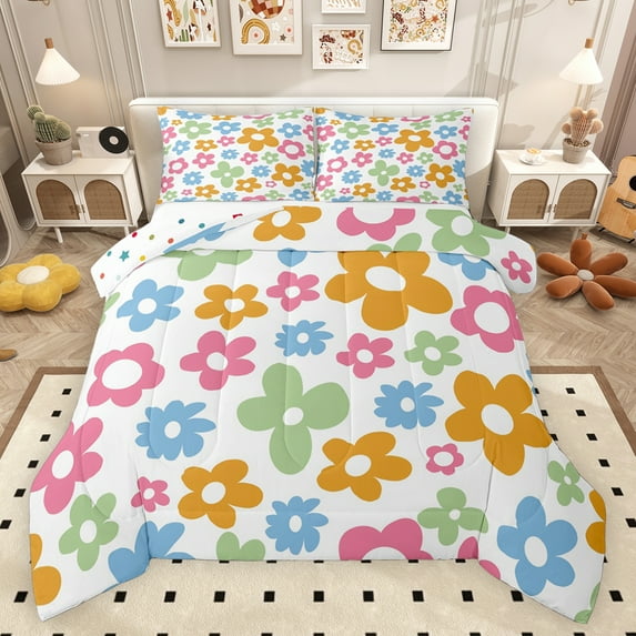 Feelyou Cute Cartoon Flower Queen Comforter Set for Kids, Blossoms Floral Bedding Sets, Kawaii Princess Style Reversible Bedding Comforter Set, Microfiber Bedroom Decor, 3-Piece