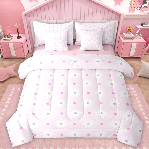 Feelyou Cute Cartoon Flower Twin Bedding Sets 7-Piece for Teens, Pink Blossoms Floral Bedding Comforter Set, Princess Style Reversible Sheet Sets, Breathable Home Decor