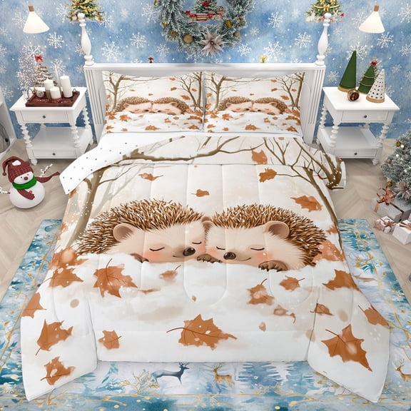 Feelyou Cute Cartoon Hedgehog Bedding Comforter Set for Kids, Winter Christmas Animal Twin Comforter Sets, Jungle Leaf Plant Reversible Bedding Set, Luxury Bedroom Decor, 2-Piece