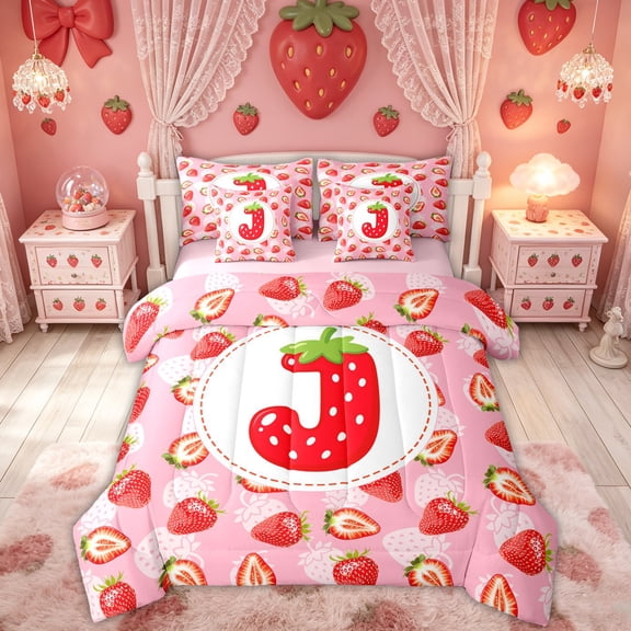Feelyou Cute Cartoon Monogrammed J Twin Bedding for Girls, Pink Red Strawberry Fruit Bedding Comforter Set, Pink Reversible, 7 Pieces
