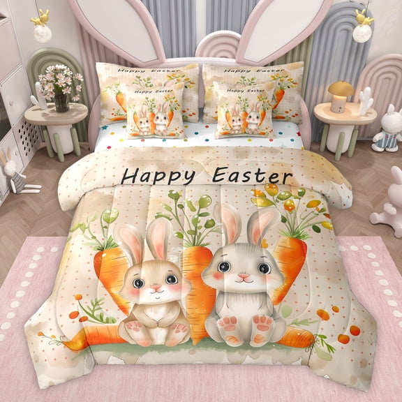 Feelyou Cute Cartoon Rabbit Twin Bedding Sets 7-Piece for Kid, Kawaii Orange Carrot Bedding Comforter Set, Happy Easter Theme Reversible Sheet Sets, Ultra Soft Bedroom Decor
