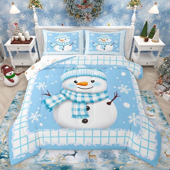 Feelyou Cute Cartoon Snowman Bedding Comforter Set for Child, Magic Winter Snow Twin Comforter Sets, Merry Christmas Reversible Bedding Set, Super Cozy Room Decor, 2 Pieces