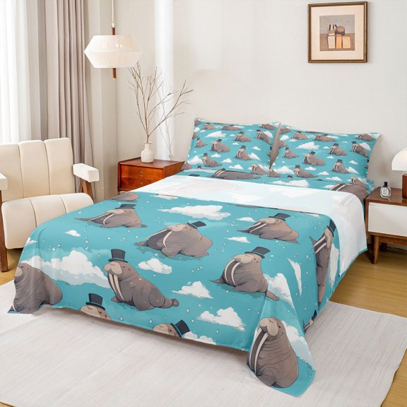 Feelyou Cute Cartoon Walrus Twin Sheet Sets, Kawaii Ocean Animal Sealife Twin Fitted Sheet, Dreamy Cloud Galaxy Flat Sheet, Microfiber Bedroom Decor, 3-Piece
