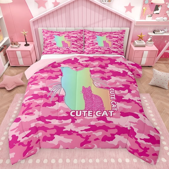 Feelyou Cute Cat Kitten Bedding Comforter Set for Kids, Pink Camo Camouflage Twin Comforter Sets, Fashion Sequin Print Reversible Bedding Set, Breathable Home Decor, 2-Piece
