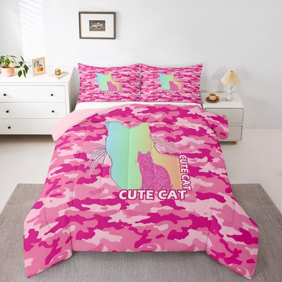 Feelyou Cute Cat Kitten Queen Comforter Set for Kids, Pink Camo Camouflage Bedding Sets, Fashion Sequin Print Reversible Bedding Comforter Set, Breathable Home Decor, 3-Piece