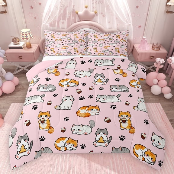Feelyou Cute Cat Kitten Twin Comforter Sets, Cartoon Animal Bedding Set, 2pcs