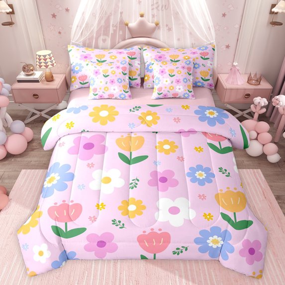 Feelyou Cute Cherry Blossoms Bedding Comforter Set 7 Pieces for Kids, Princess Cartoon Full Bedding Set, Kawaii Flower Floral Reversible Fitted Sheet Flat Sheet, Super Cozy Room Decor